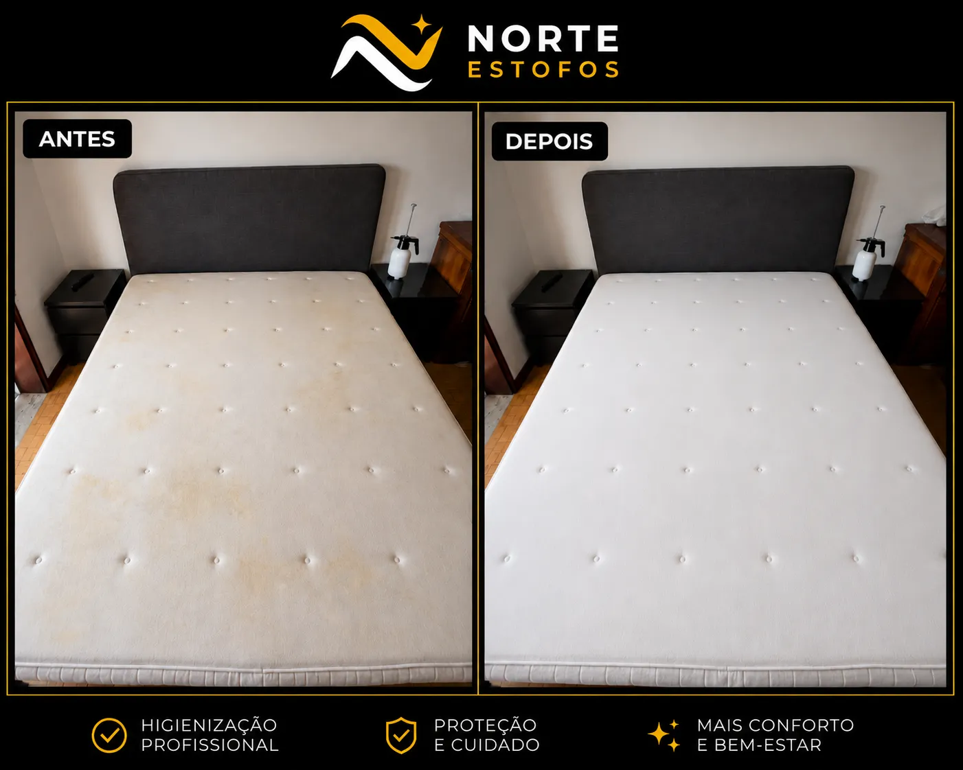 Colchão antes e depois de limpeza profissional Norte Estofos