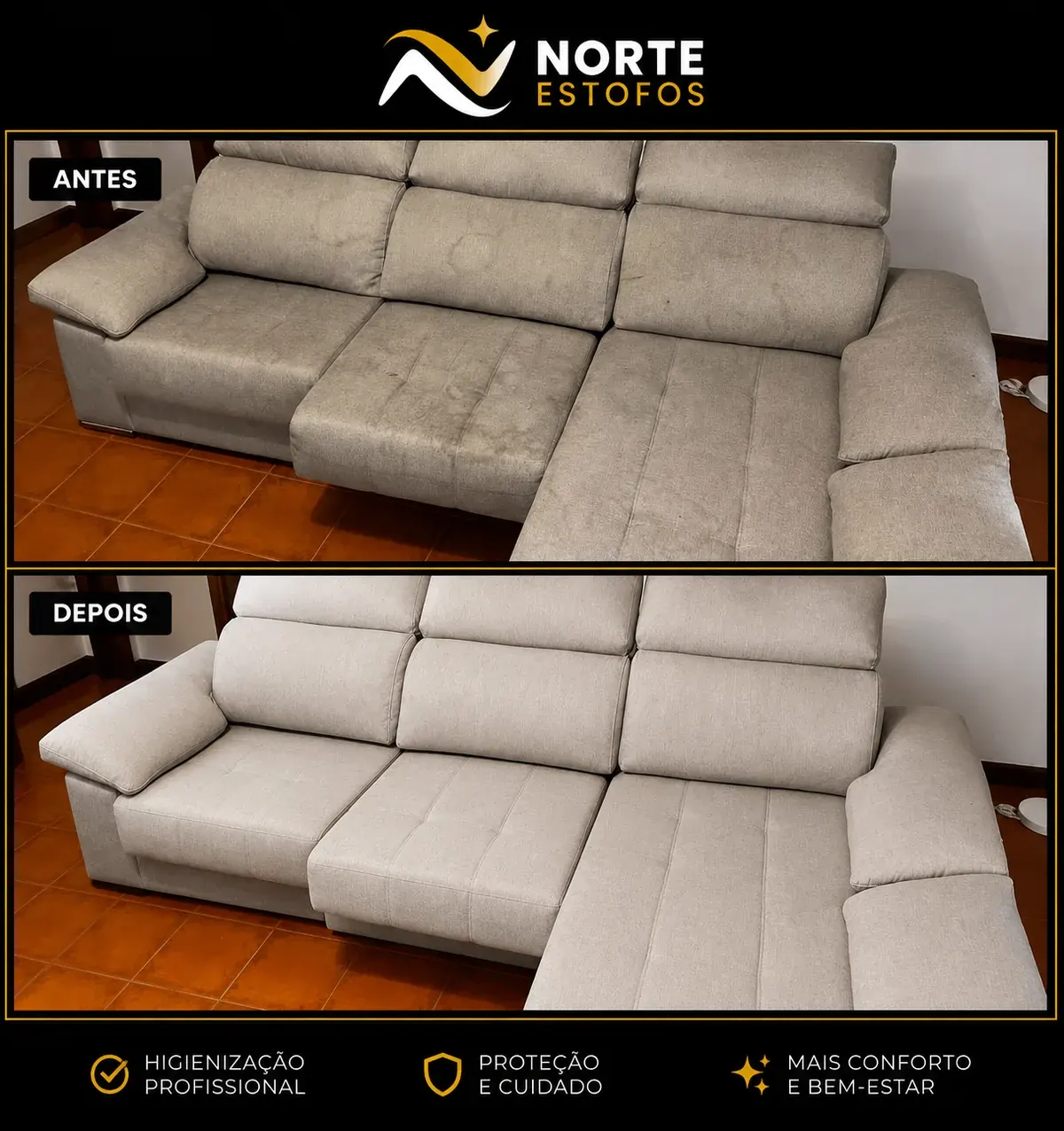 Sofá antes e depois de limpeza profunda profissional